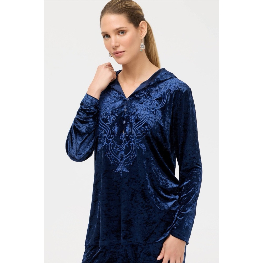 Johnny Was Crushed Velvet Embroidered Hoodie Top Small Navy Blue